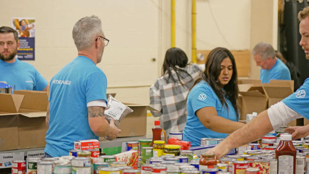Volkswagen Waterloo team sorting non-perishable food.