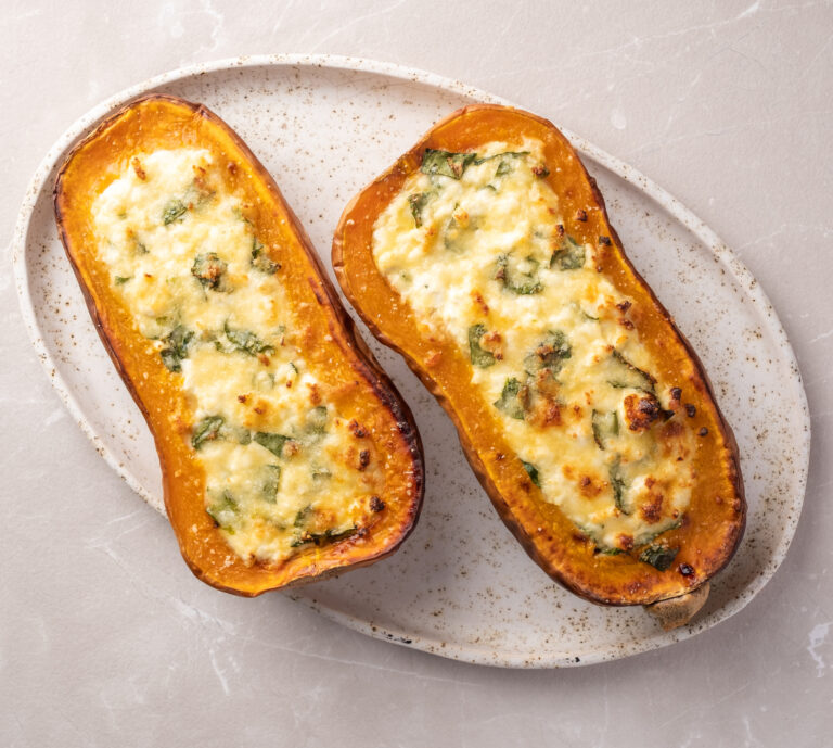 Baked Butternut Squash Pumpkin Stuffed with Spinach and Ricotta Cheese
