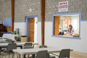 The tables set up at the church.