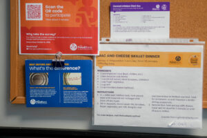 Meal ideas from The Food Bank on a bulletin board.